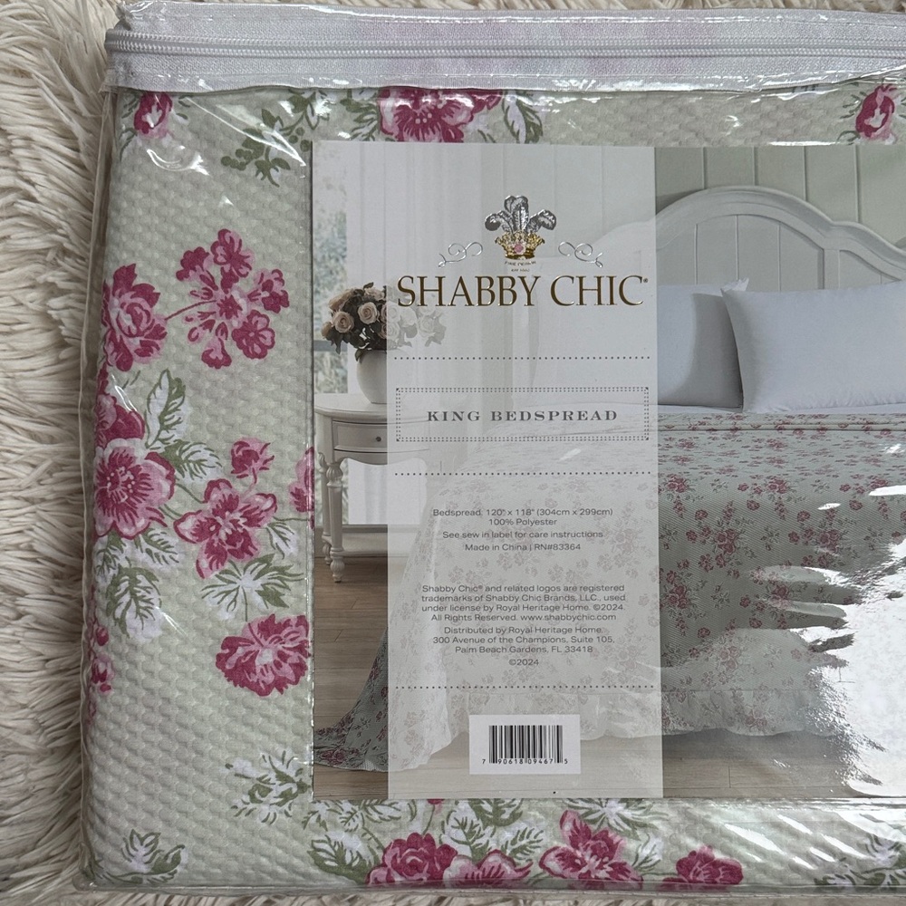 πHPπ Shabby Chic Rose Pattern King Bedspread π Green & Pink - Picture 8 of 12